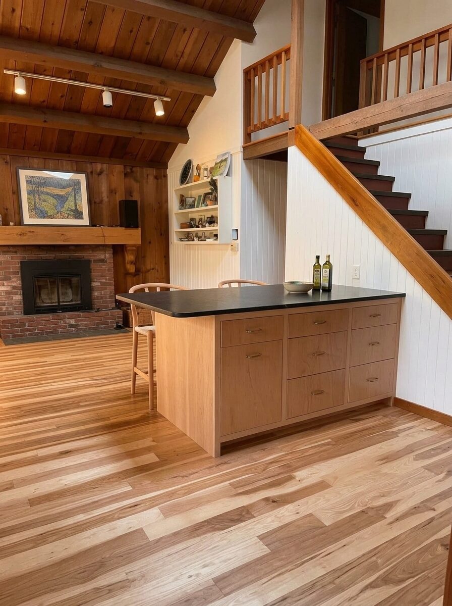 Clear maple kitchen island with brass hardware, Charlotte, Vermont