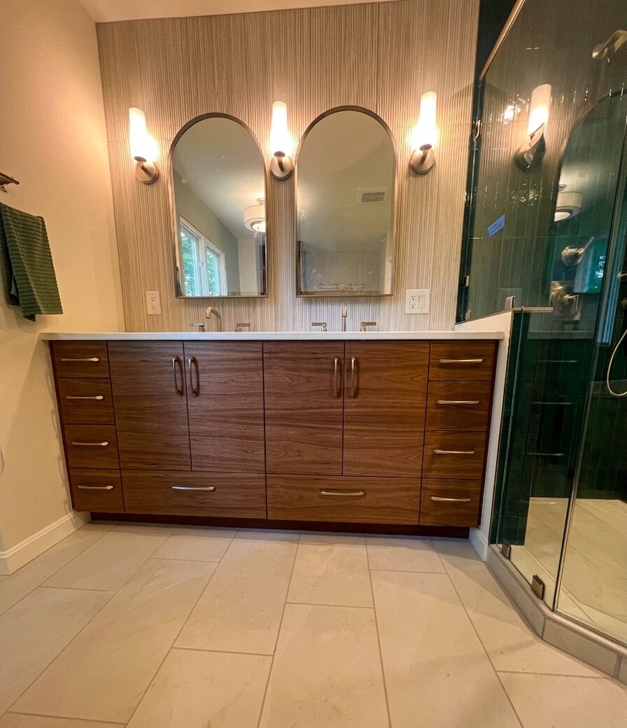 Walnut double vanity with grain-matched fronts, Essex, Vermont