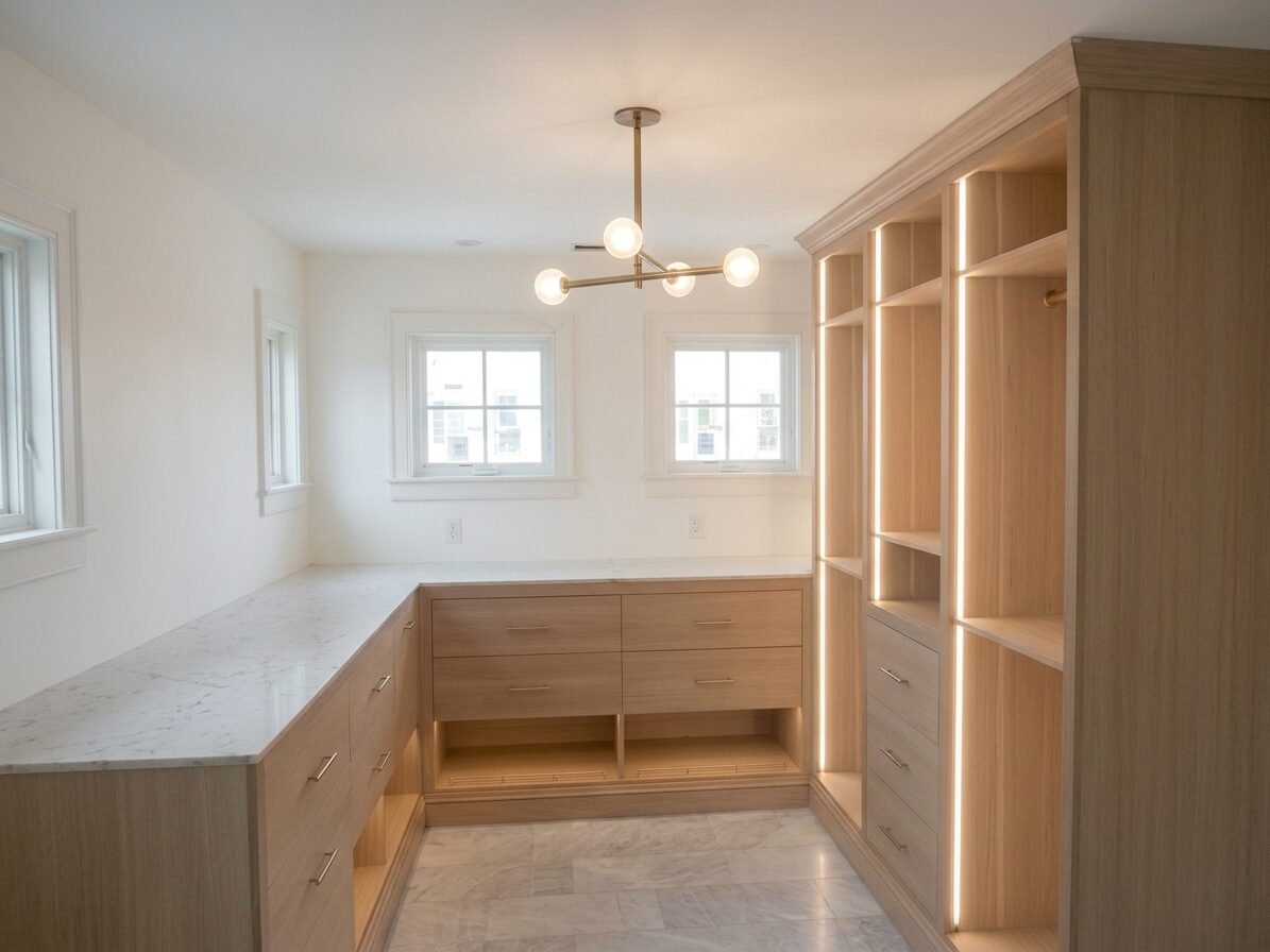 Rift white oak walk-in closet, Marble Island, Colchester, Vermont