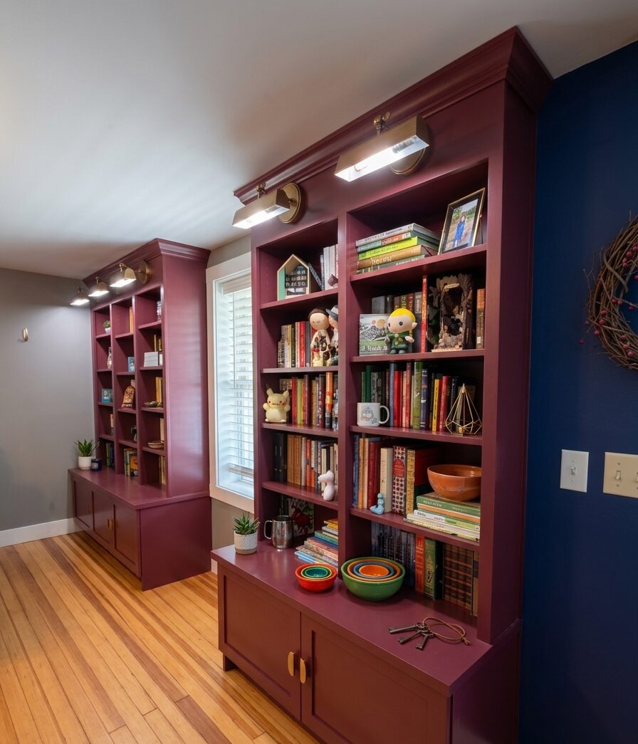 Oxblood painted bookcase built-ins, St. Albans, Vermont