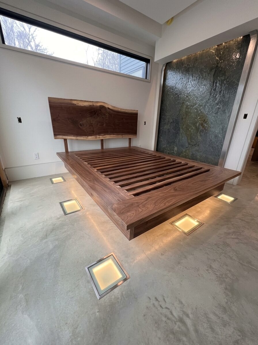 Walnut platform bed with live-edge headboard, Fairfax, Vermont