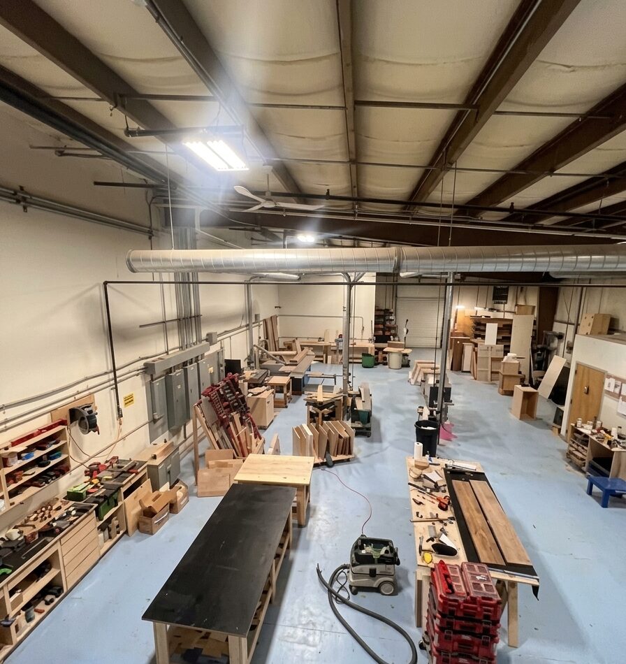 Inside the Tuckaway Woodworks shop floor, workbenches and tool storage